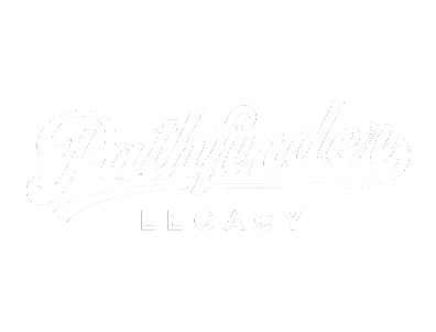 Pathfinder Legacy logo with bold white script on black background.